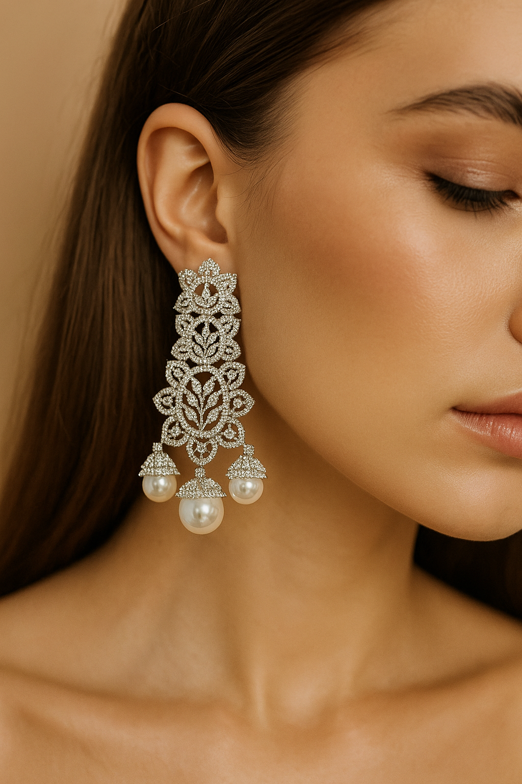 Floral Diamond Pearl Drop Earrings | Premium Party Wear AD Earrings
