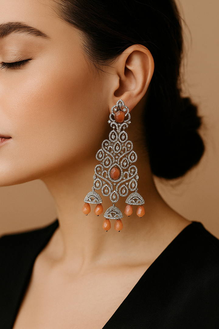 Orange Stone Long AD Designer Earrings | Premium Party Wear Earrings