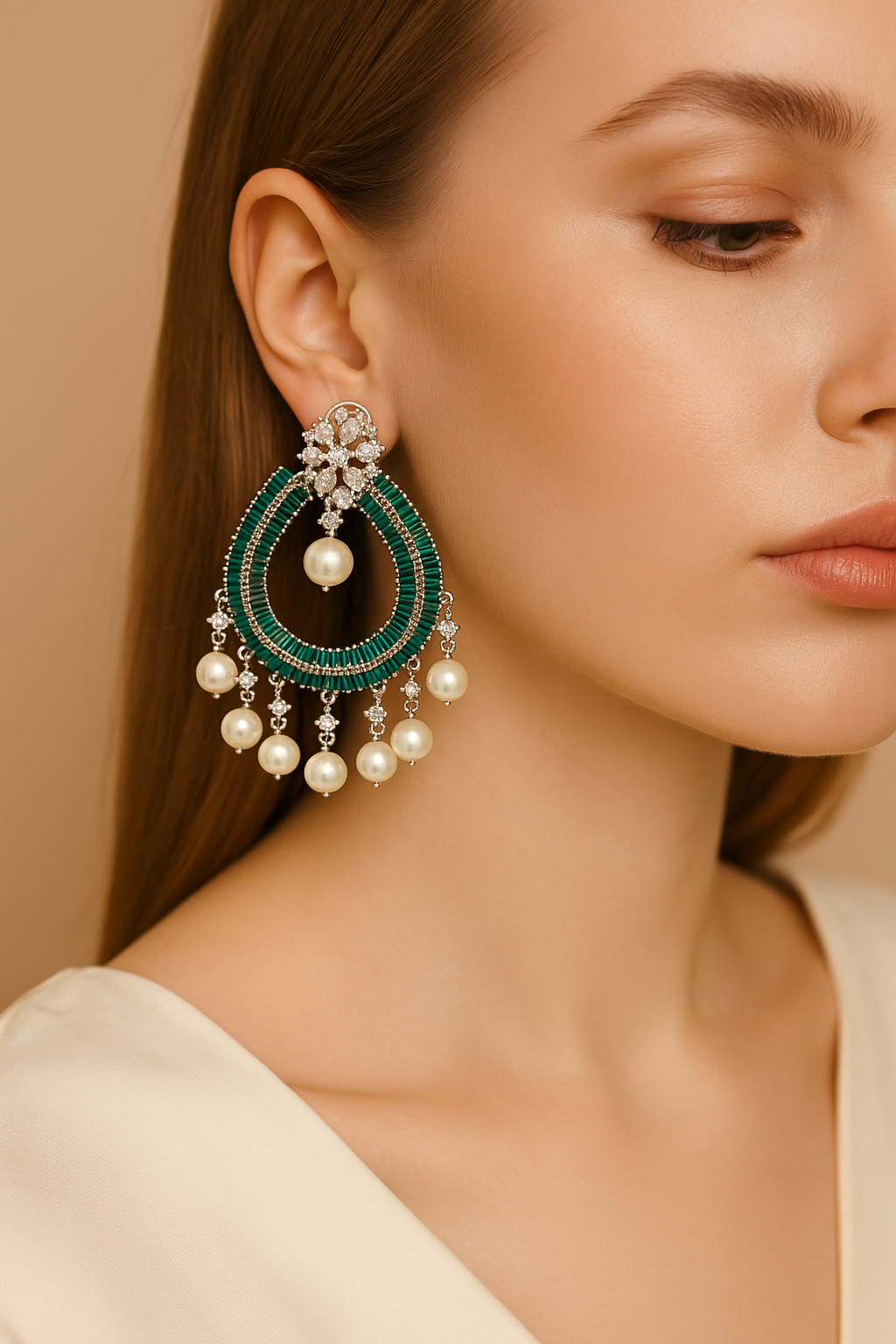 Emerald Green AD Pearl Drop Earrings | Premium Party Wear Chandbali Earrings