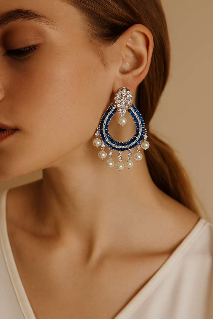 Royal Blue AD Pearl Drop Earrings | Premium Chandbali Design