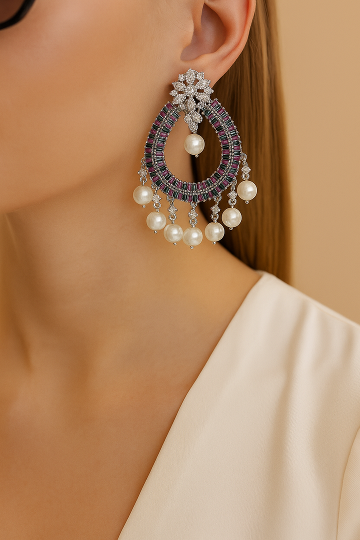 Multicolour AD Pearl Chandbali Earrings | Premium Festive Statement Design