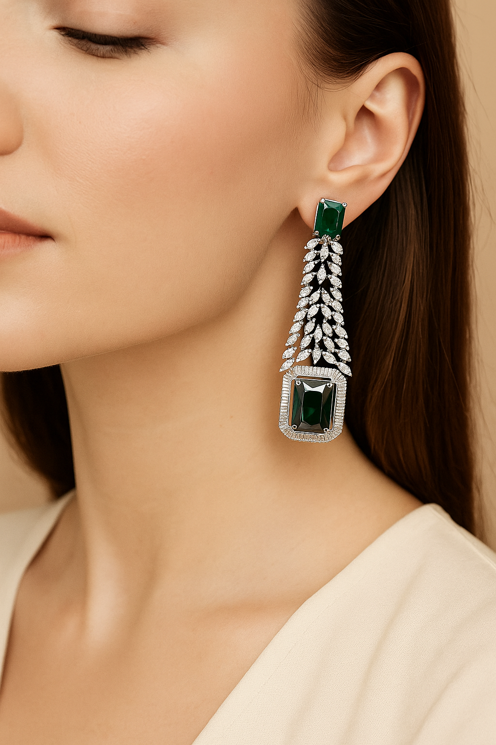 Emerald Green Statement Long Earrings | Premium AD Luxury Design