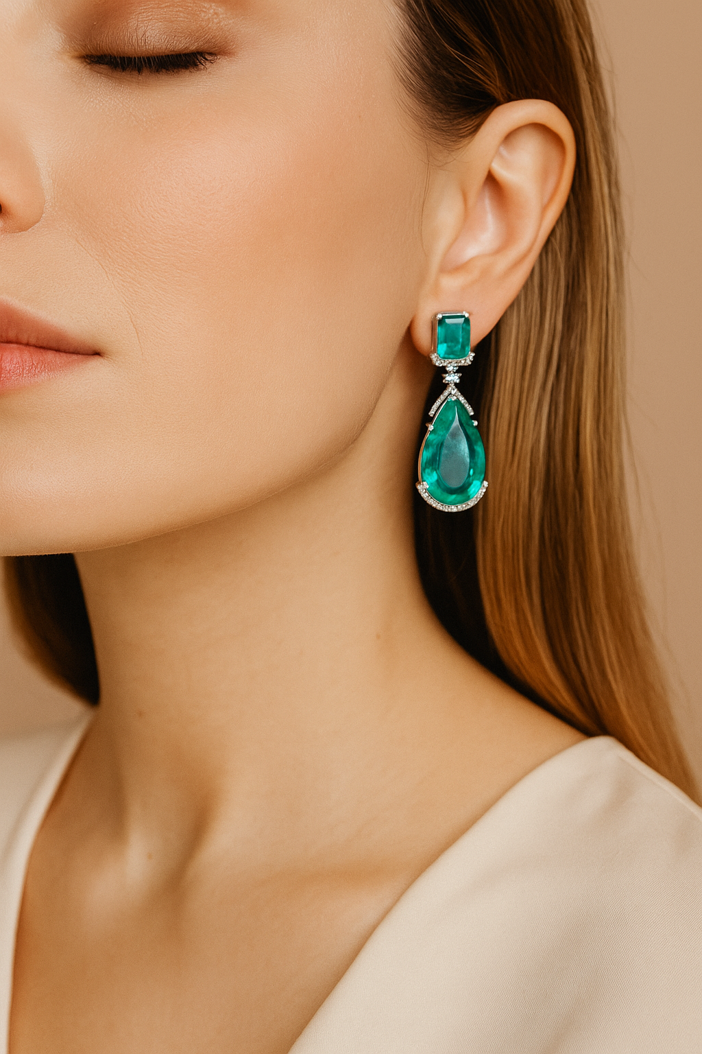 Emerald Green Drop Statement Earrings | Big Stone Partywear Earrings