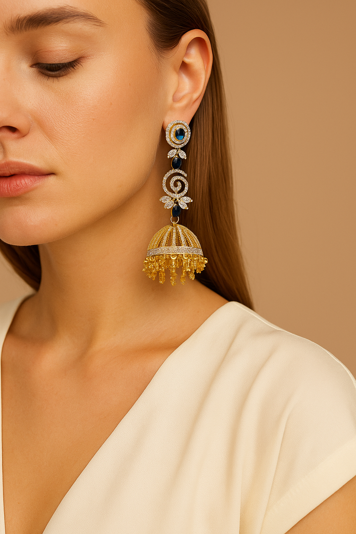 Navy Blue Stone Designer Jhumki Earrings | Elegant Partywear Earrings