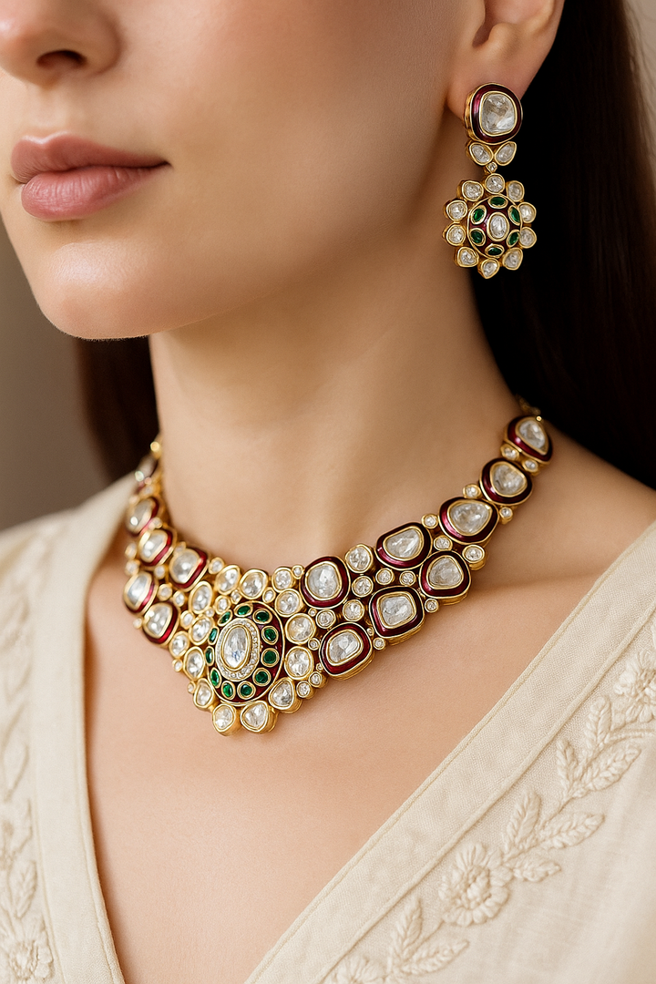 Royal Polki Kundan Choker Set with Red & Green Meenakari | Bridal Necklace Set