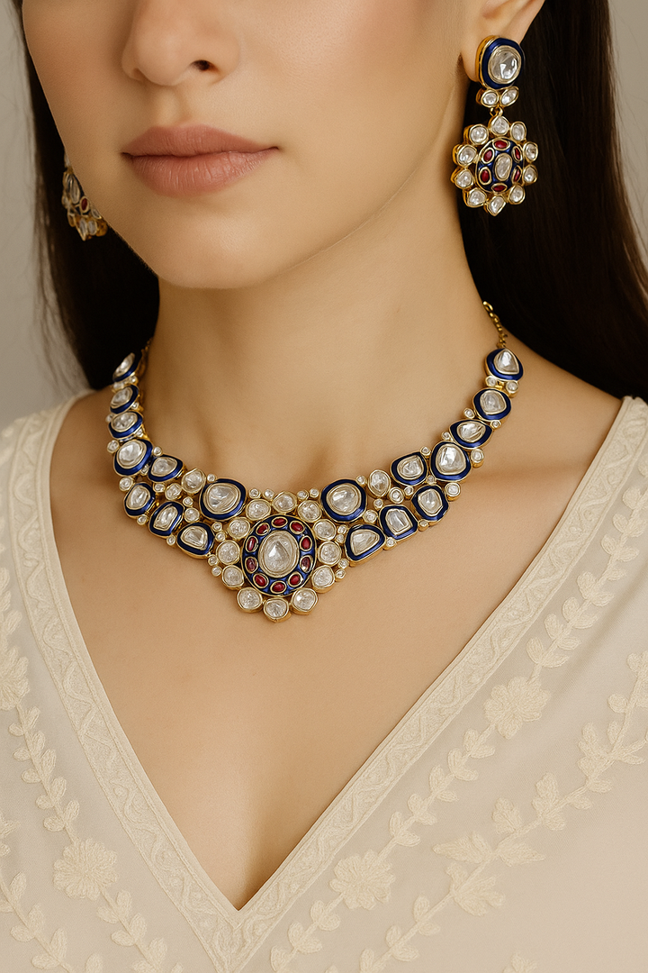 Royal Blue Meenakari Polki Kundan Choker Set | Bridal Necklace Set