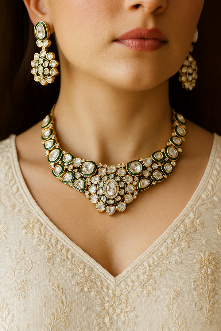 Emerald Green Polki Kundan Bridal Choker Set | Premium Wedding Jewellery