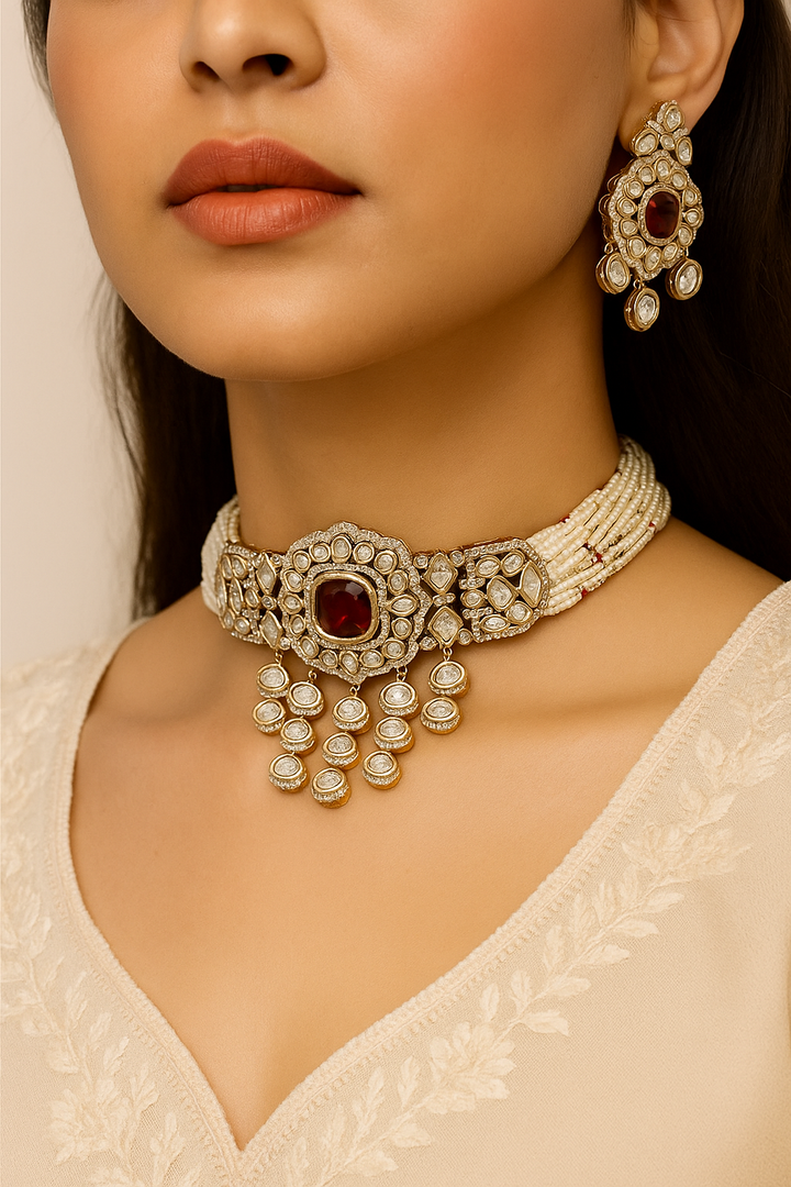 Ruby Red Polki Kundan Pearl Choker Set | Premium Bridal Jewellery