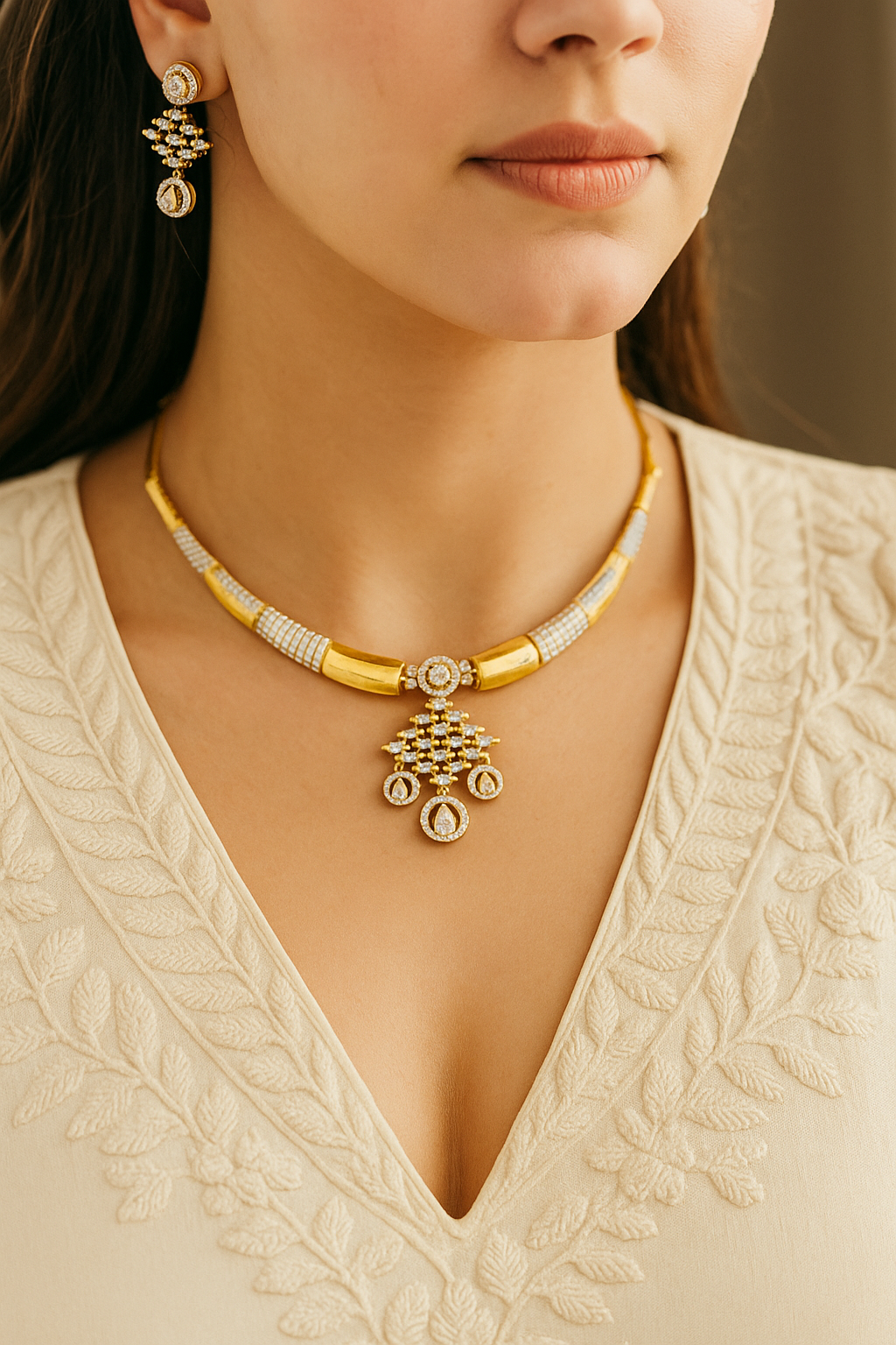 Elegant Gold & Diamond CZ Choker Necklace Set | Party & Festive Wear