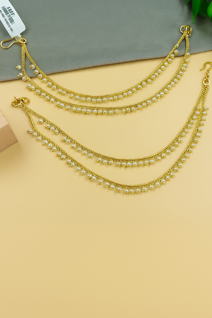 Classic Triple-Layer Pearl Ear Chain – Gold Plated Traditional Ear to Hair Chain