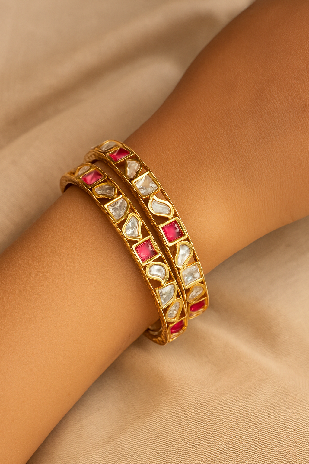 Openable Elegant Kundan Bangles with Pink & White Stones – Premium Gold Finish