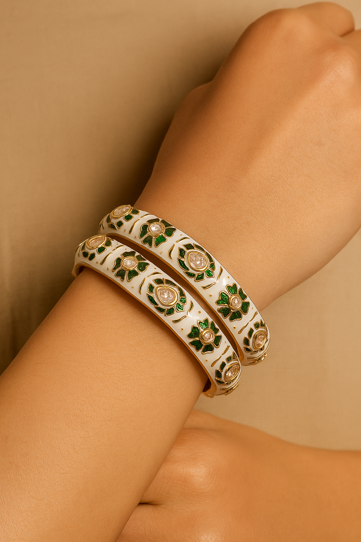 White Meenakari Kundan Openable Bangles – Royal Lotus Design