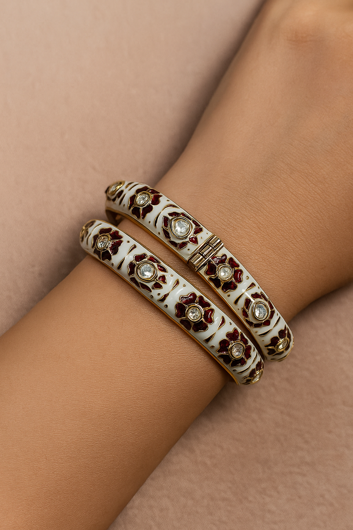 White Meenakari Red Lotus Kundan Openable Bangles – Premium Bridal Kada