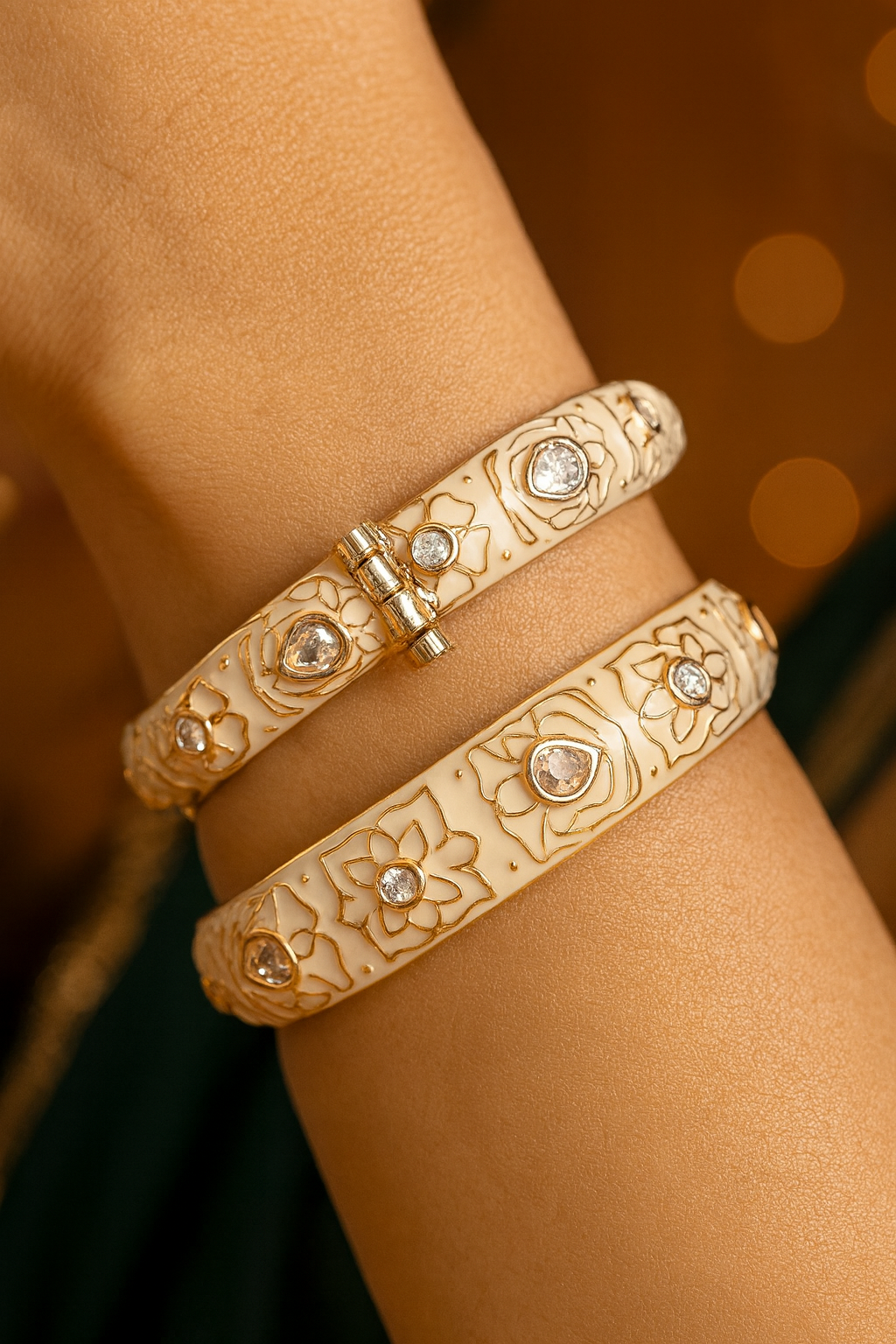 White Meenakari Lotus Kundan Openable Bangles – Premium Bridal Kada