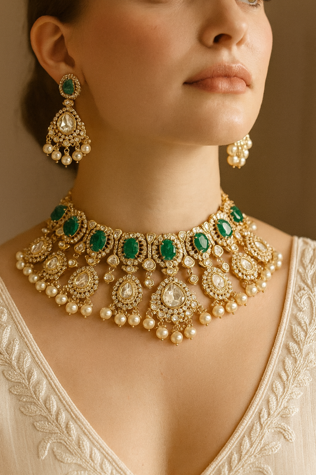 Emerald Kundan Grand Bridal Necklace Set with Earrings & Maang Tikka