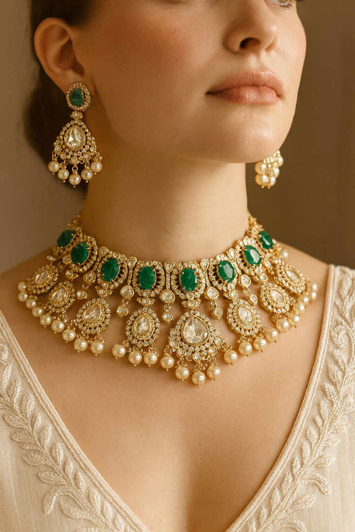 Emerald Kundan Grand Bridal Necklace Set with Earrings & Maang Tikka