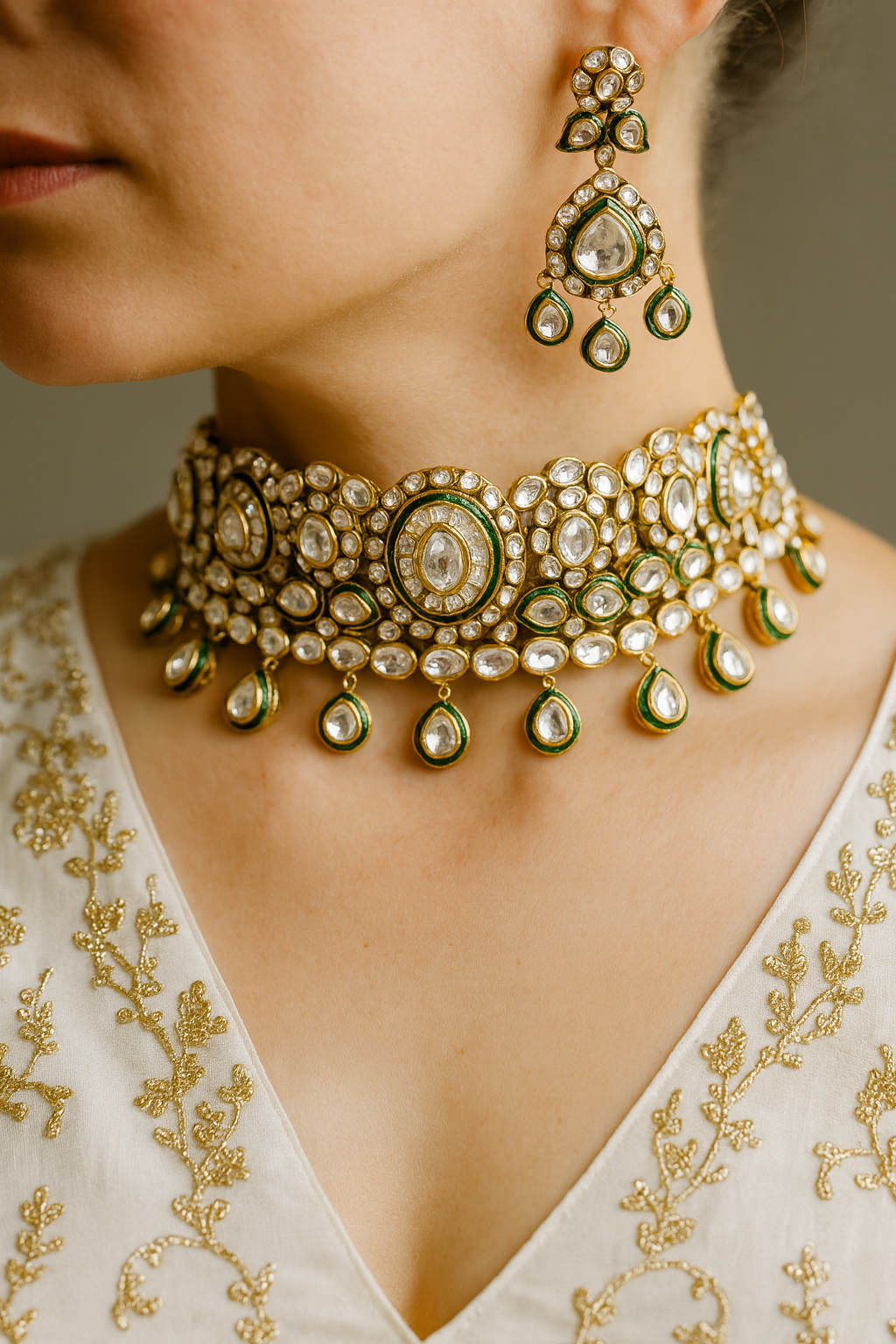 Premium White Kundan Bridal Choker Set with Earrings & Maang Tikka