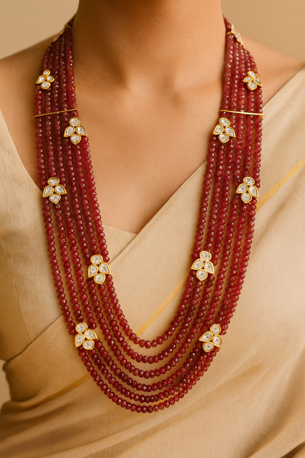 22-Inch Ruby Red Beads Multi-Layer Necklace with Kundan Floral Motifs