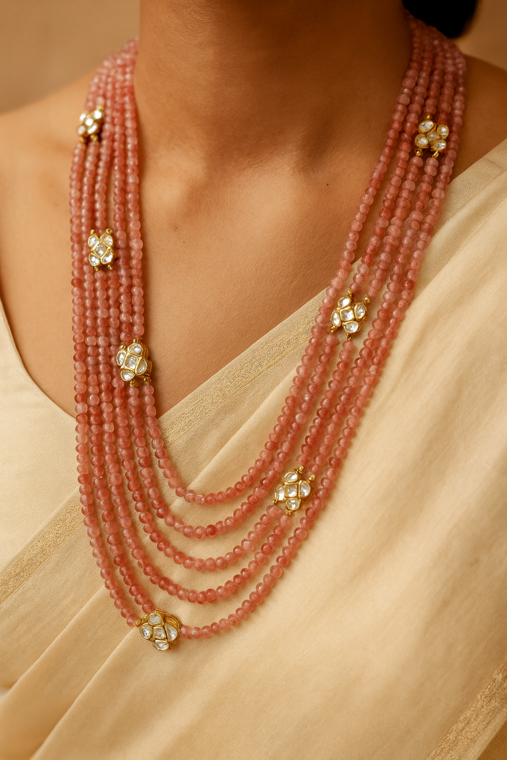 24-Inch Pink Beads Multi-Layer Necklace with Kundan Floral Motifs