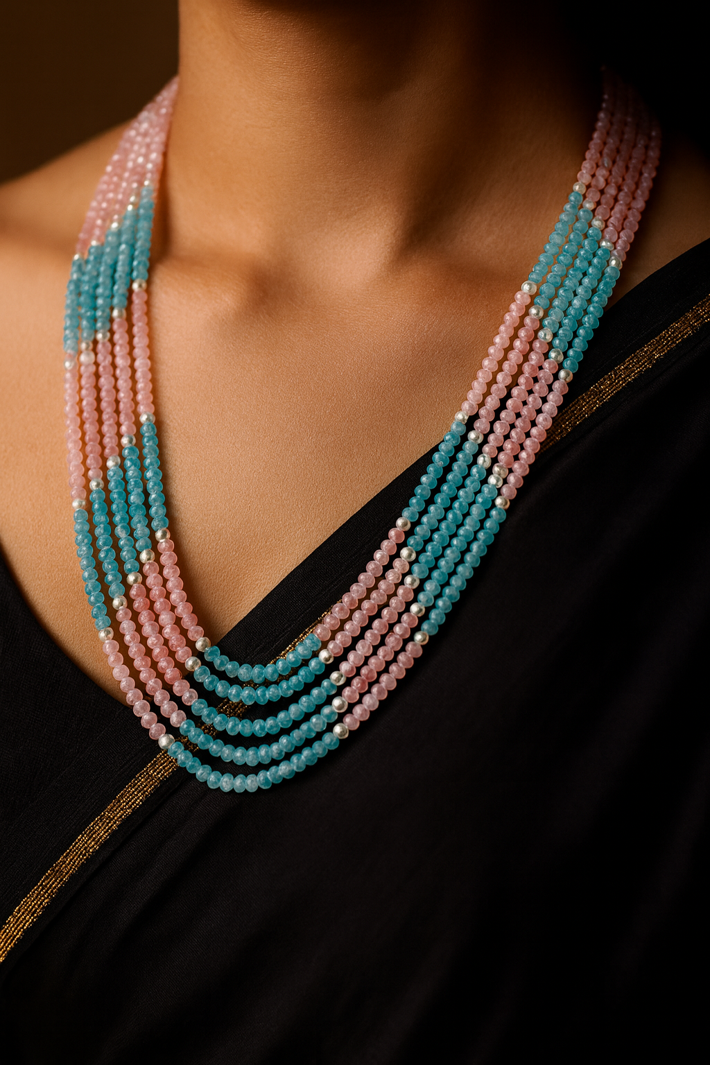 20-Inch Pastel Pink & Aqua Multi-Layer Beads Necklace