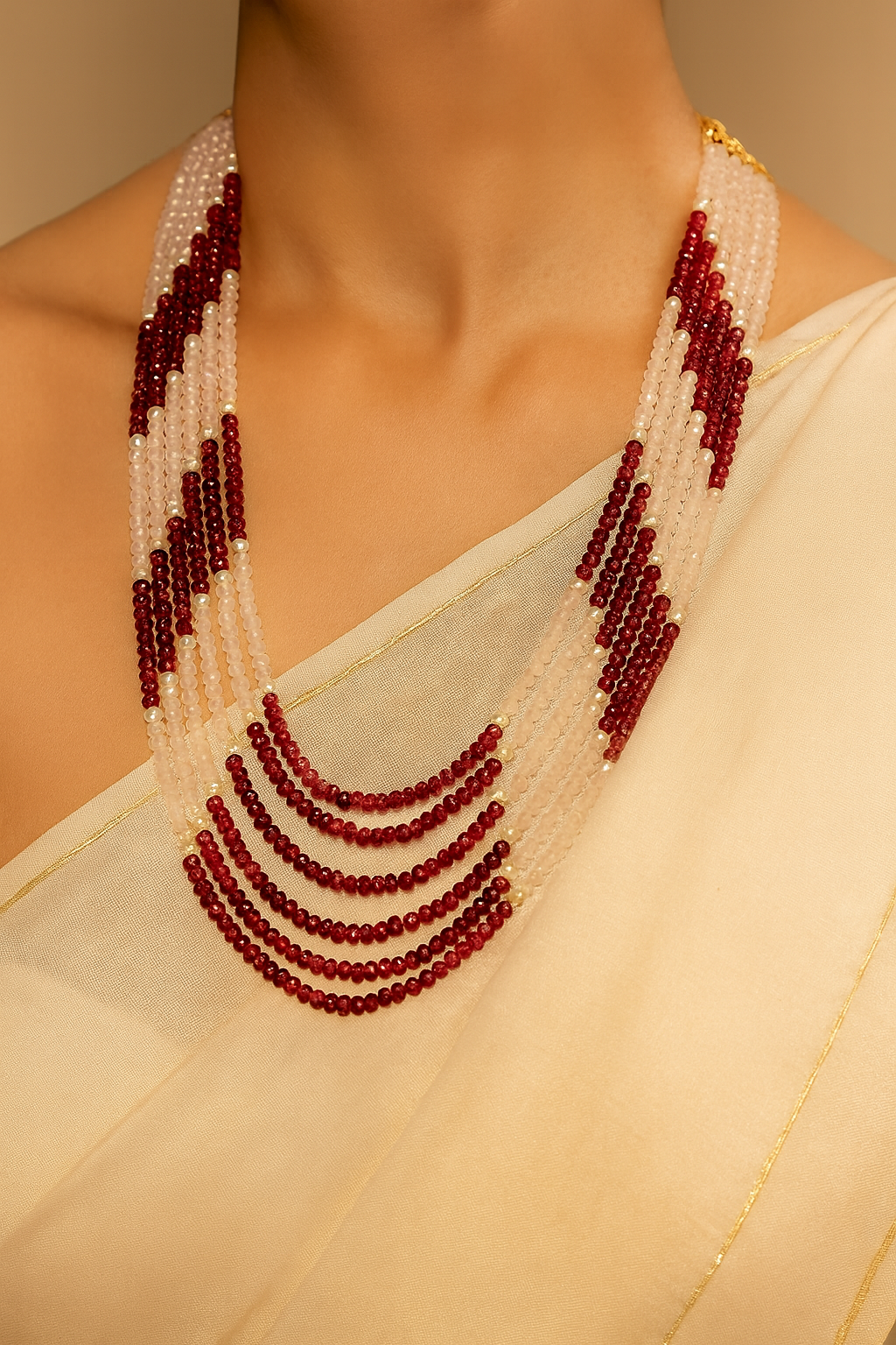 20-Inch Ruby Pink Multi-Layer Beads Necklace with Pearls