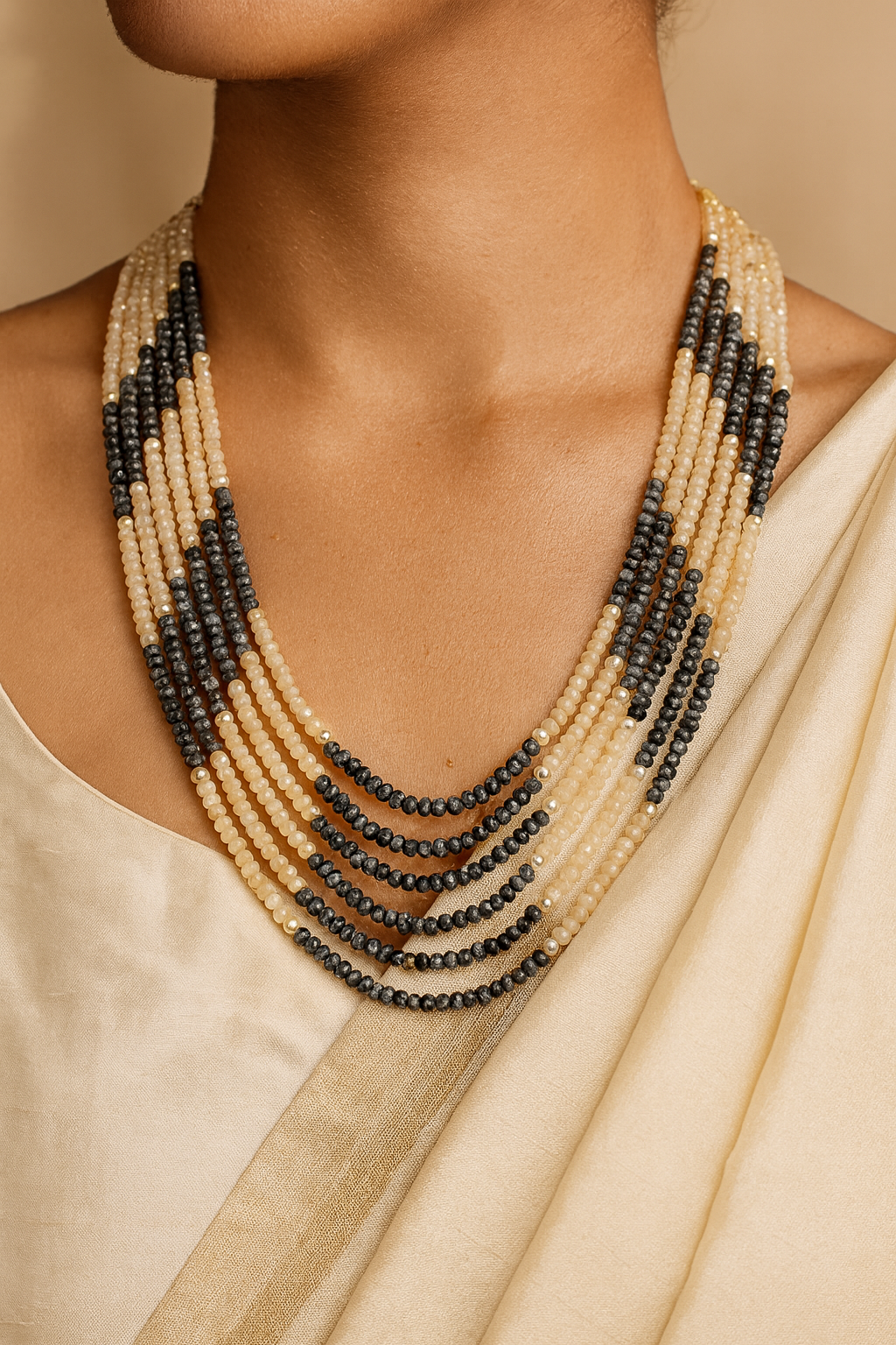 20-Inch Black & Ivory Multi-Layer Beads Necklace with Pearls