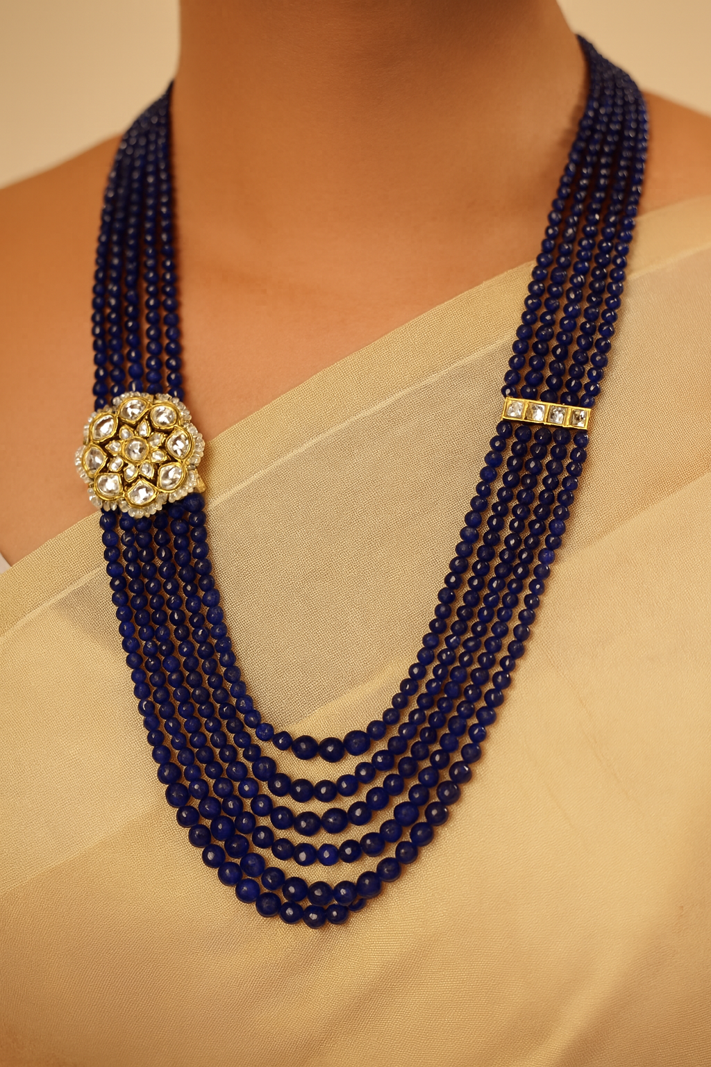 20-Inch Royal Blue Beads Mala with Kundan Side Pendant