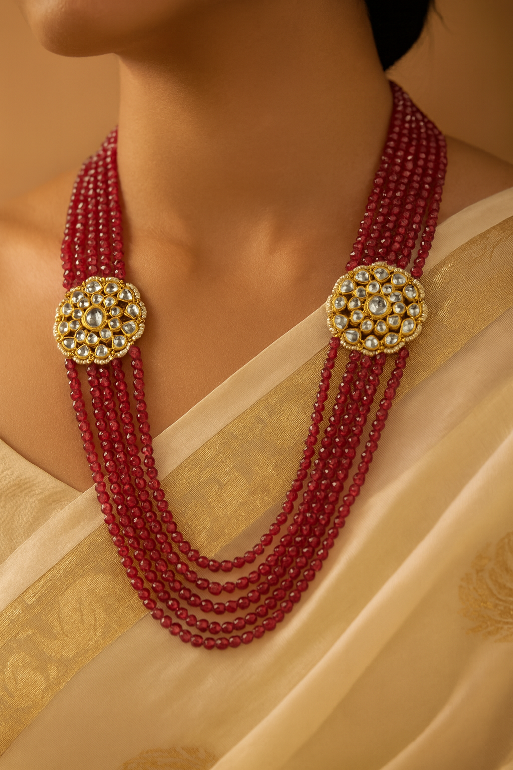 22-Inch Ruby Pink Beads Mala with Dual Kundan Side Brooches