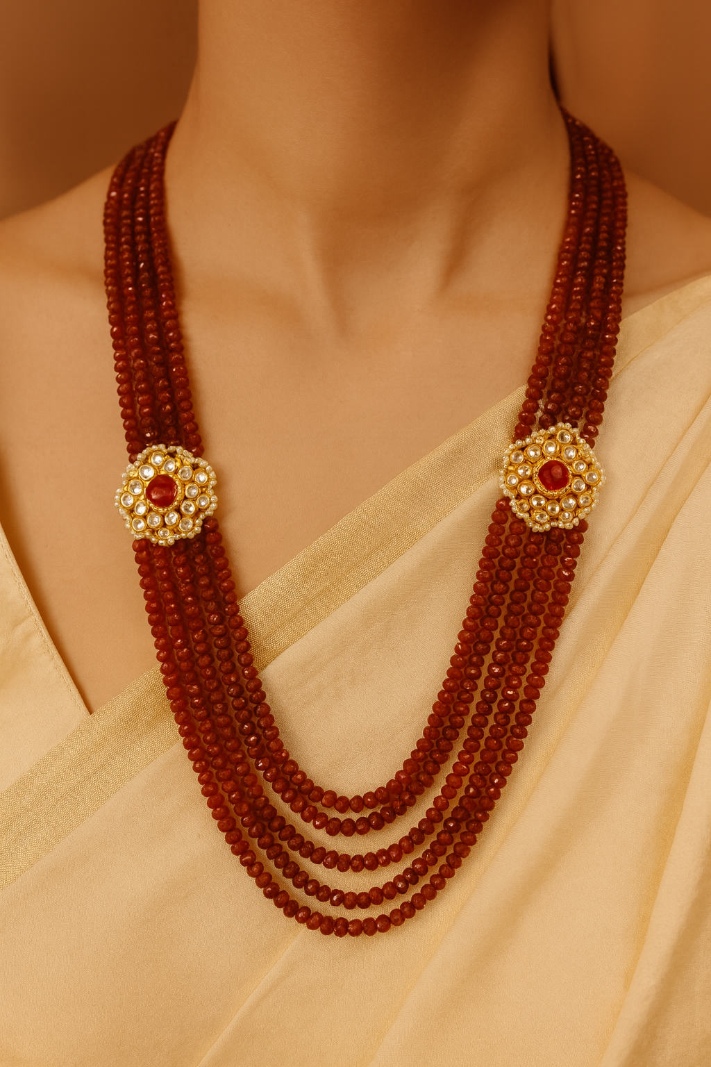 20-Inch Maroon Faceted Beads Mala with Dual Red Kundan Side Brooches