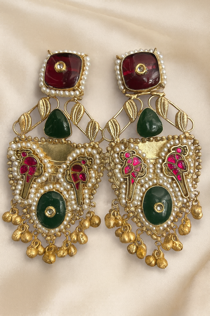 Heritage Kundan Meenakari Earrings with Pearls & Ghungroo Detailing