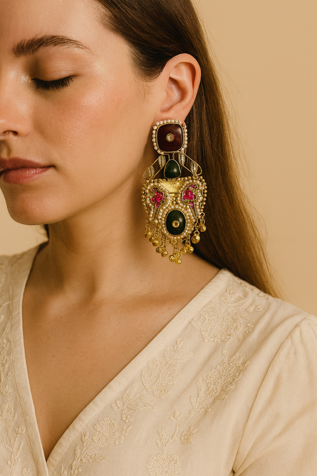 Heritage Kundan Meenakari Earrings with Pearls & Ghungroo Detailing
