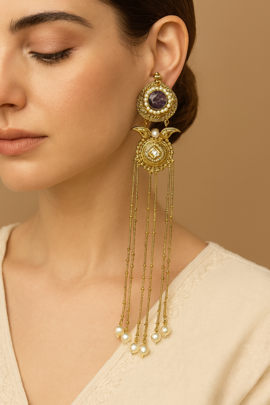 Royal Long Dangler Kundan Earrings with Pearls & Antique Gold Finish