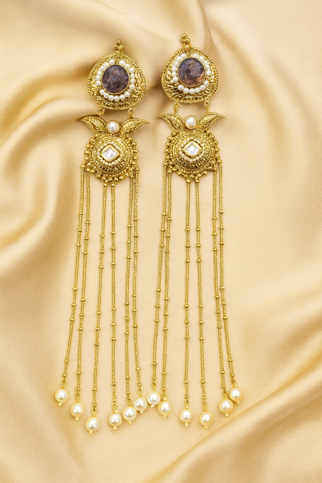 Royal Long Dangler Kundan Earrings with Pearls & Antique Gold Finish