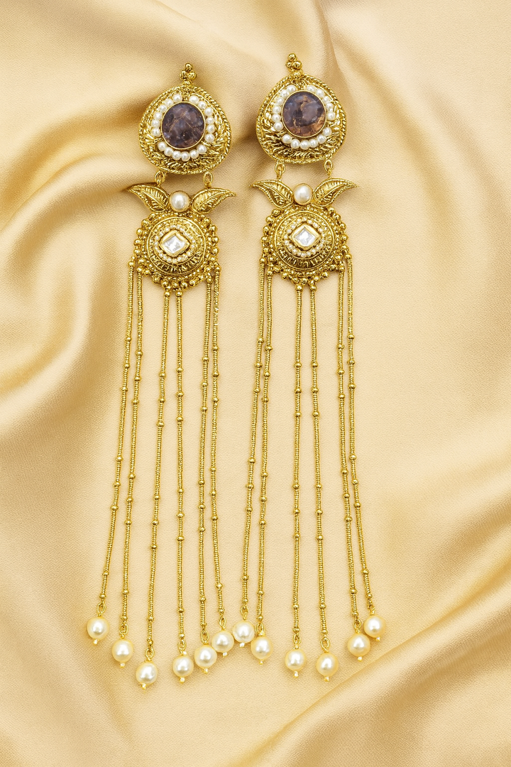 Royal Long Dangler Kundan Earrings with Pearls & Antique Gold Finish