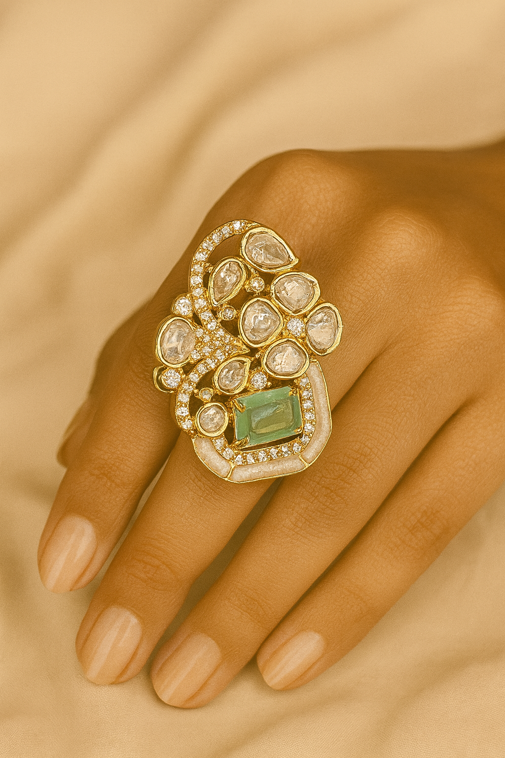 Emerald Green Kundan Ring – Adjustable Statement Ring