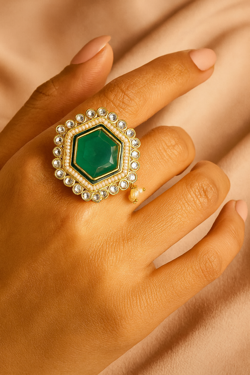 Green Hexagon Kundan Adjustable Ring – Royal Ethnic Statement Jewelry