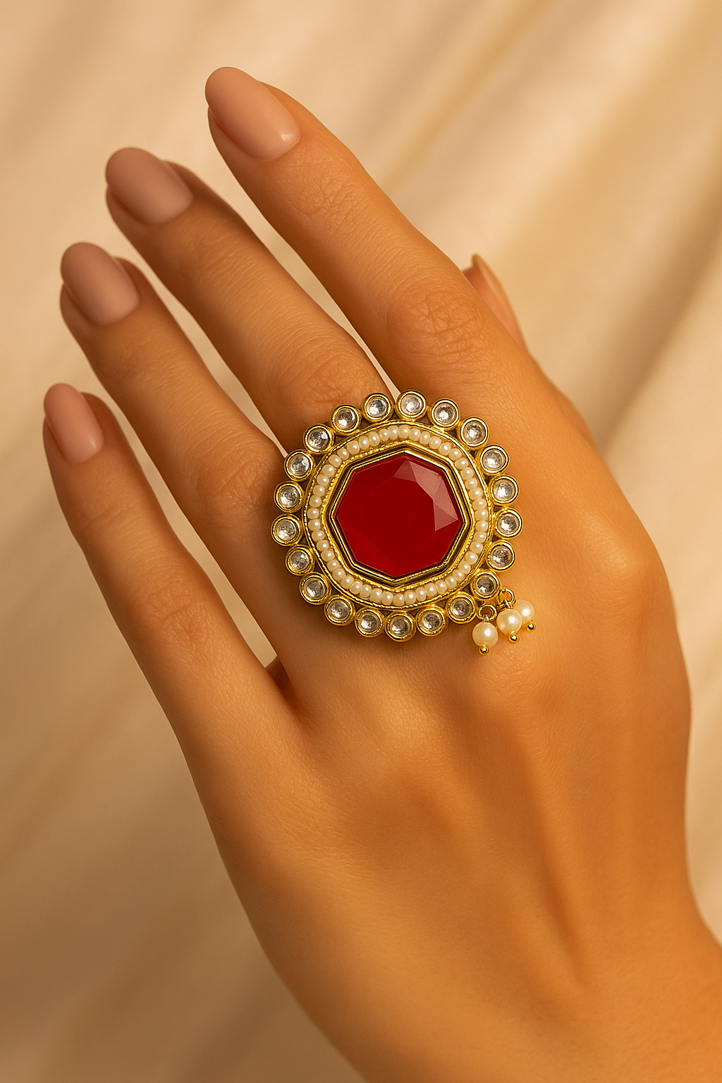 Red Hexagon Kundan Adjustable Ring – Pearl & Stone Studded Statement Jewellery