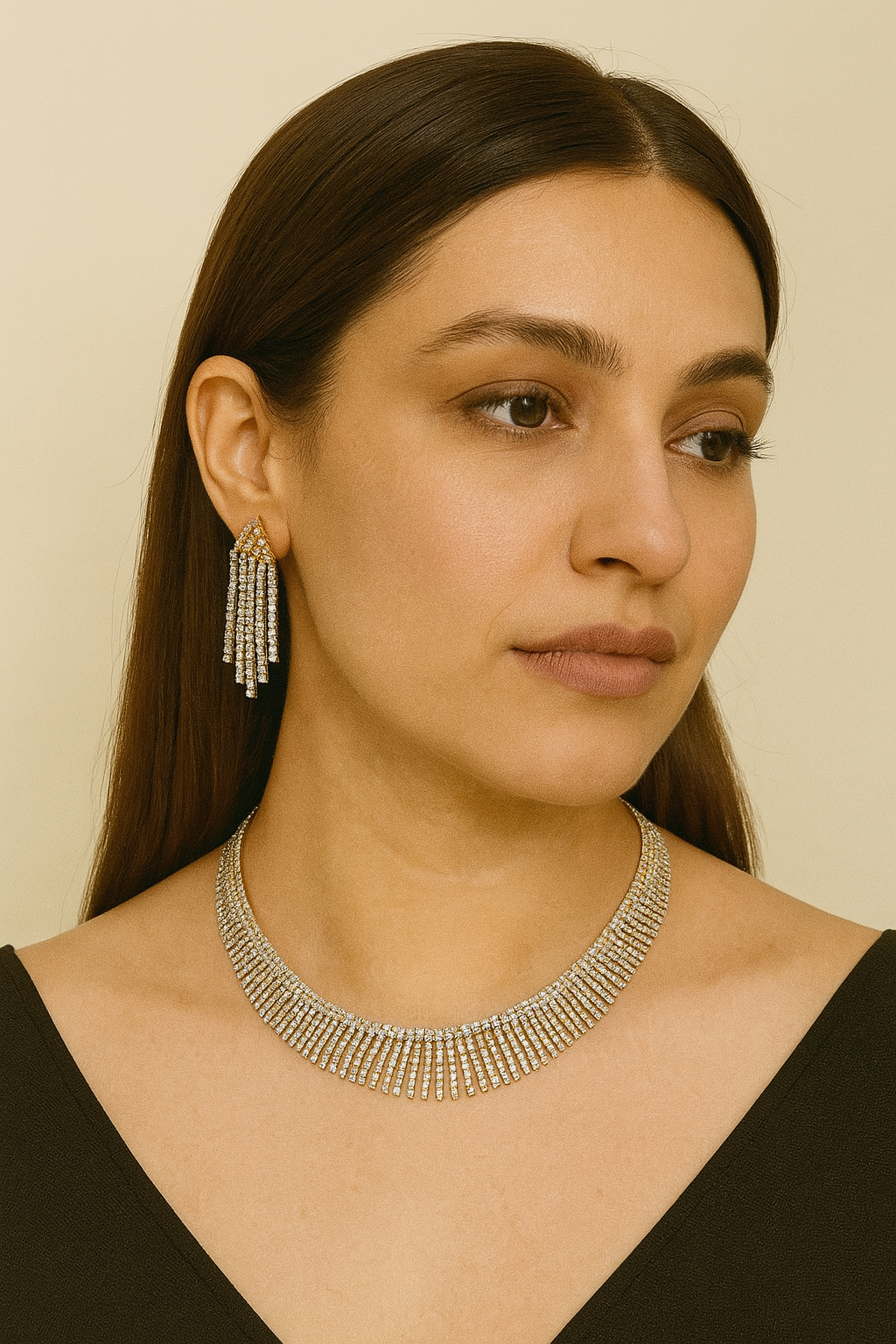 Sparkling Diamond Fringe Necklace Set – Gold & Silver Finish