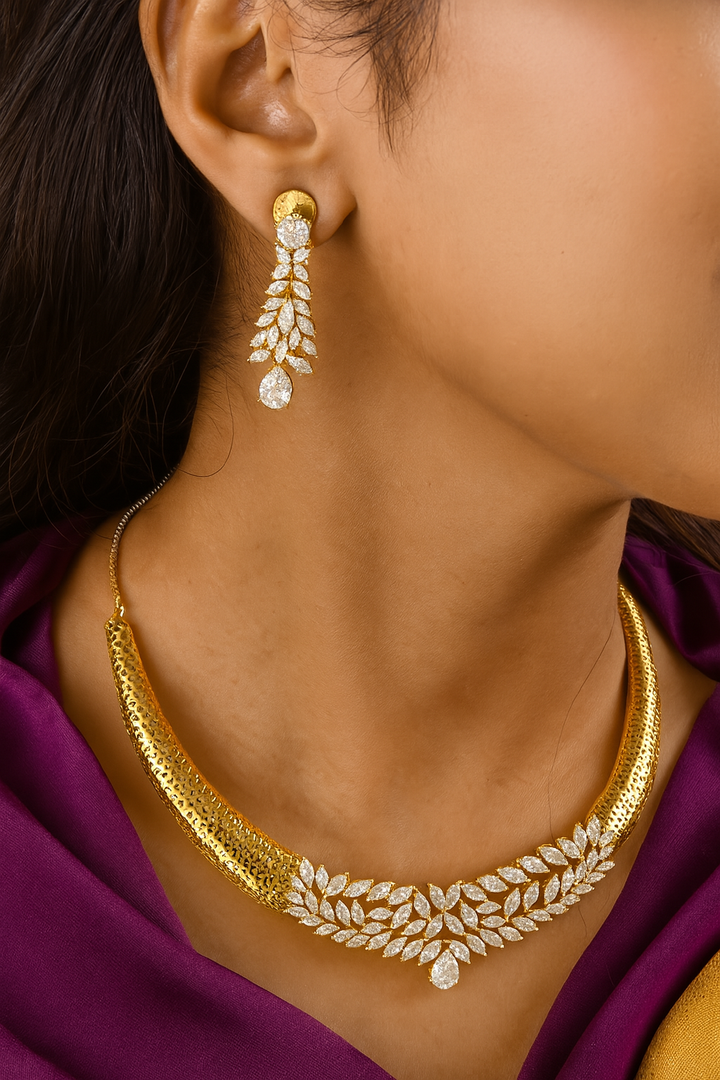 Floral Designer Diamond Necklace Set – Gold Finish with CZ Stones