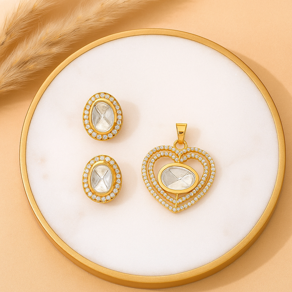 Heart Shaped Polki Diamond Pendant Set in Gold Finish