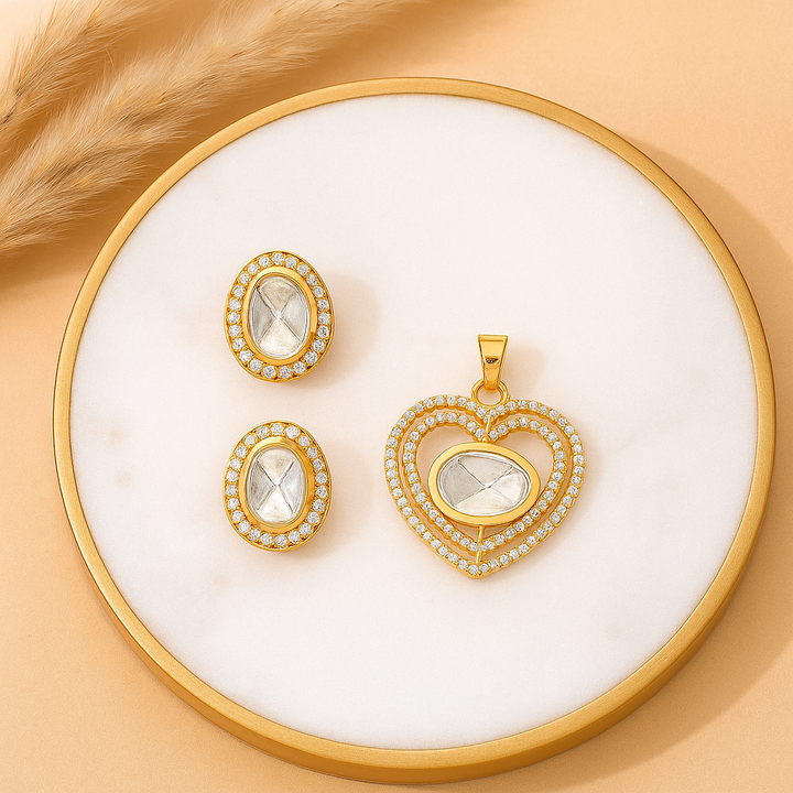 Heart Shaped Polki Diamond Pendant Set in Gold Finish