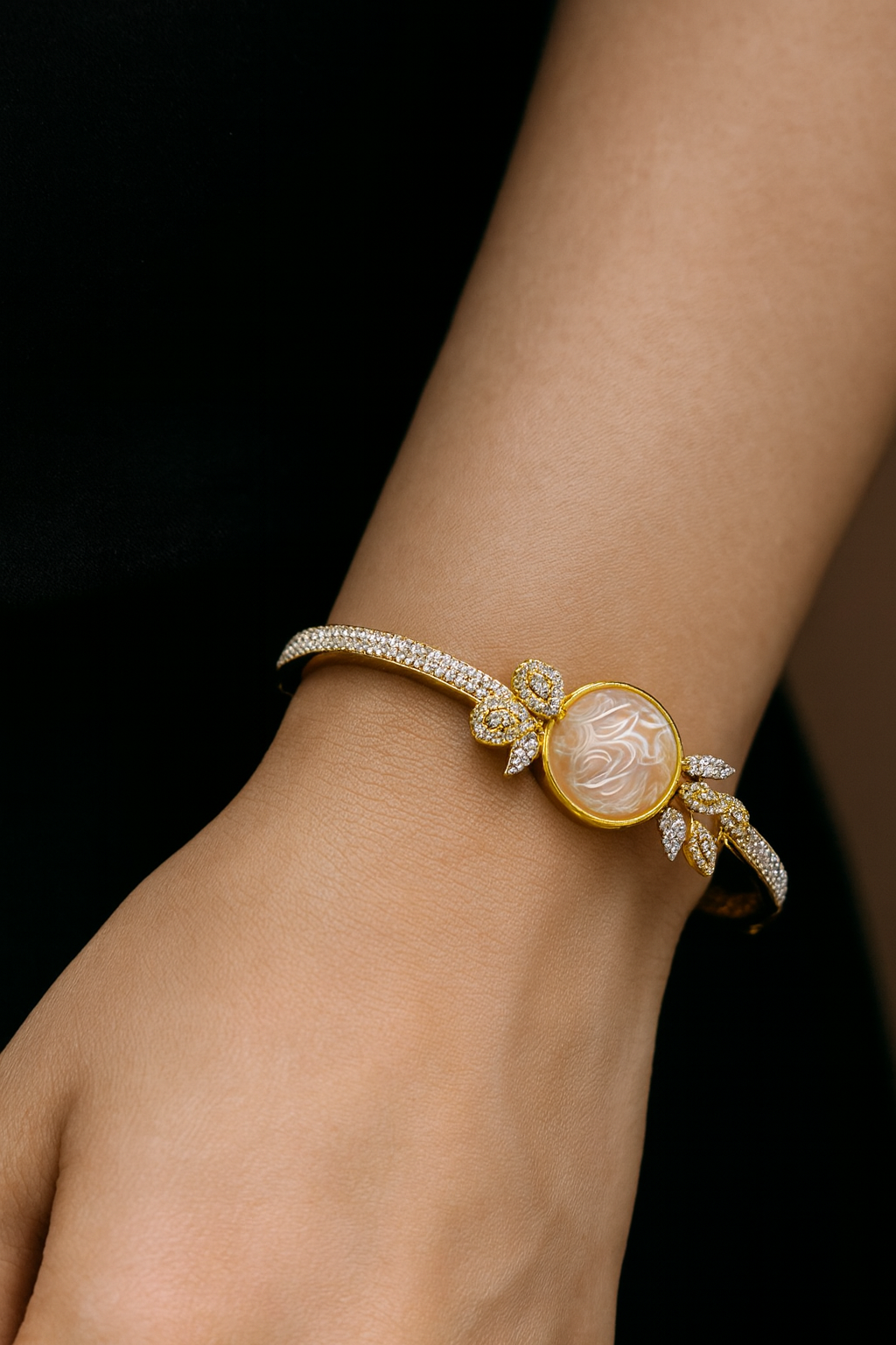 Elegant Pearl & CZ Openable Bracelet in Gold Finish
