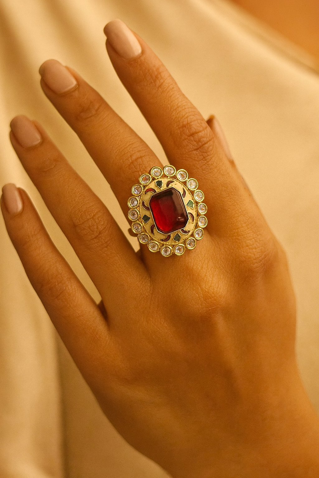 Royal Red Kundan Statement Ring – Adjustable Traditional Party & Bridal Wear