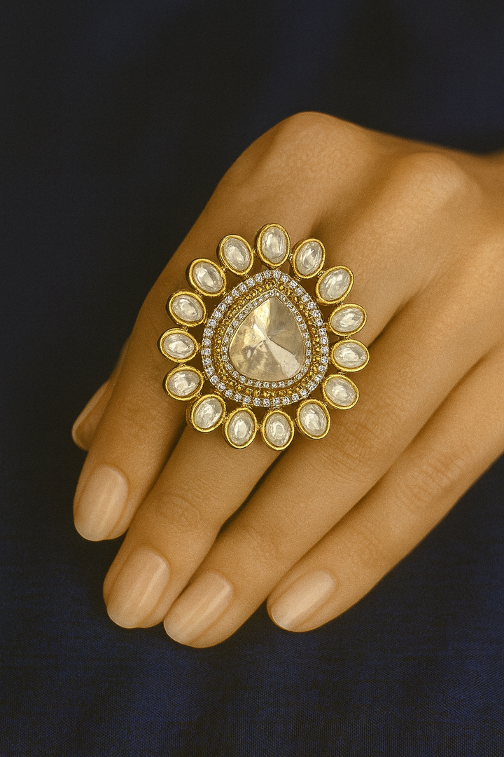 Royal Polki Kundan Statement Ring – Adjustable Big Stone Design