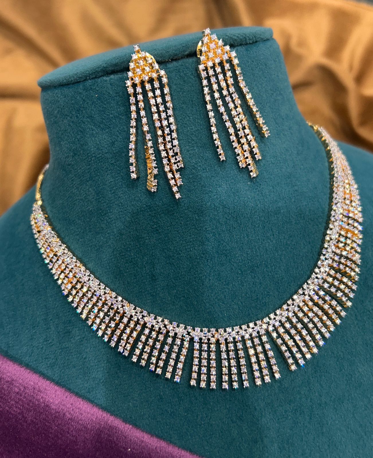 Sparkling Diamond Fringe Necklace Set – Gold & Silver Finish