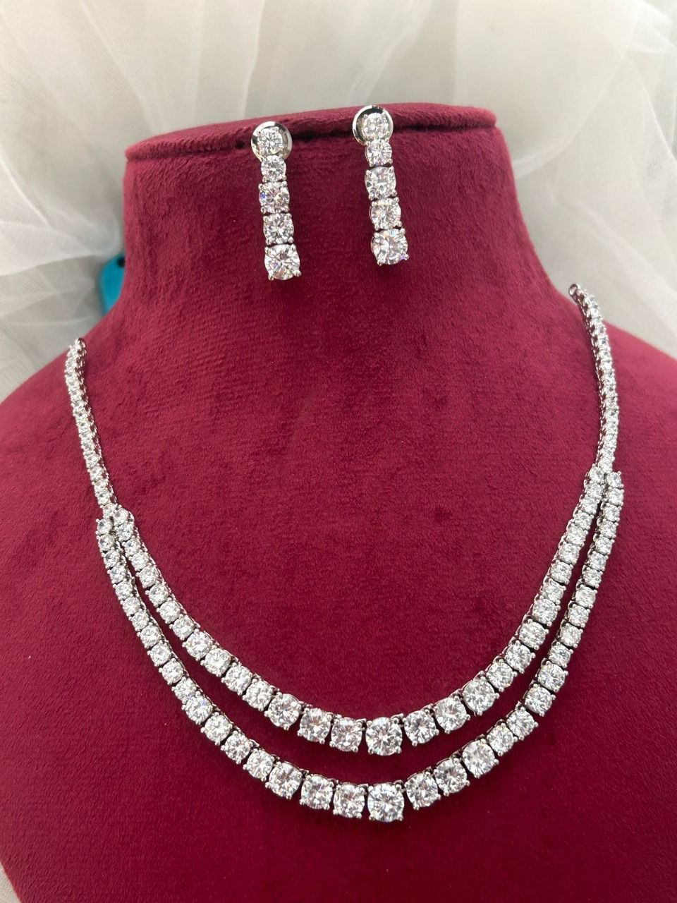 Two-Line Solitaire Diamond Necklace Set – White Polish Finish