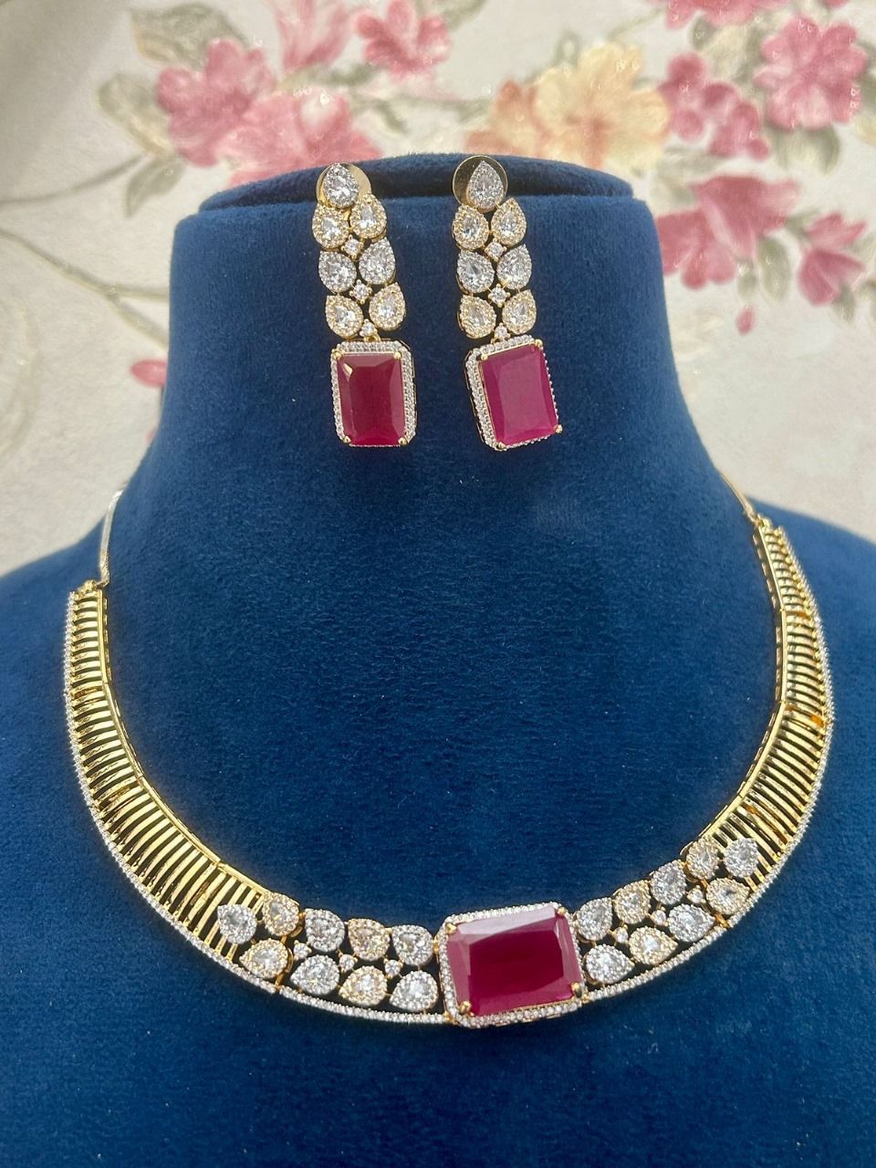 Ruby Stone Choker Necklace Set – Gold Finish with CZ Diamonds