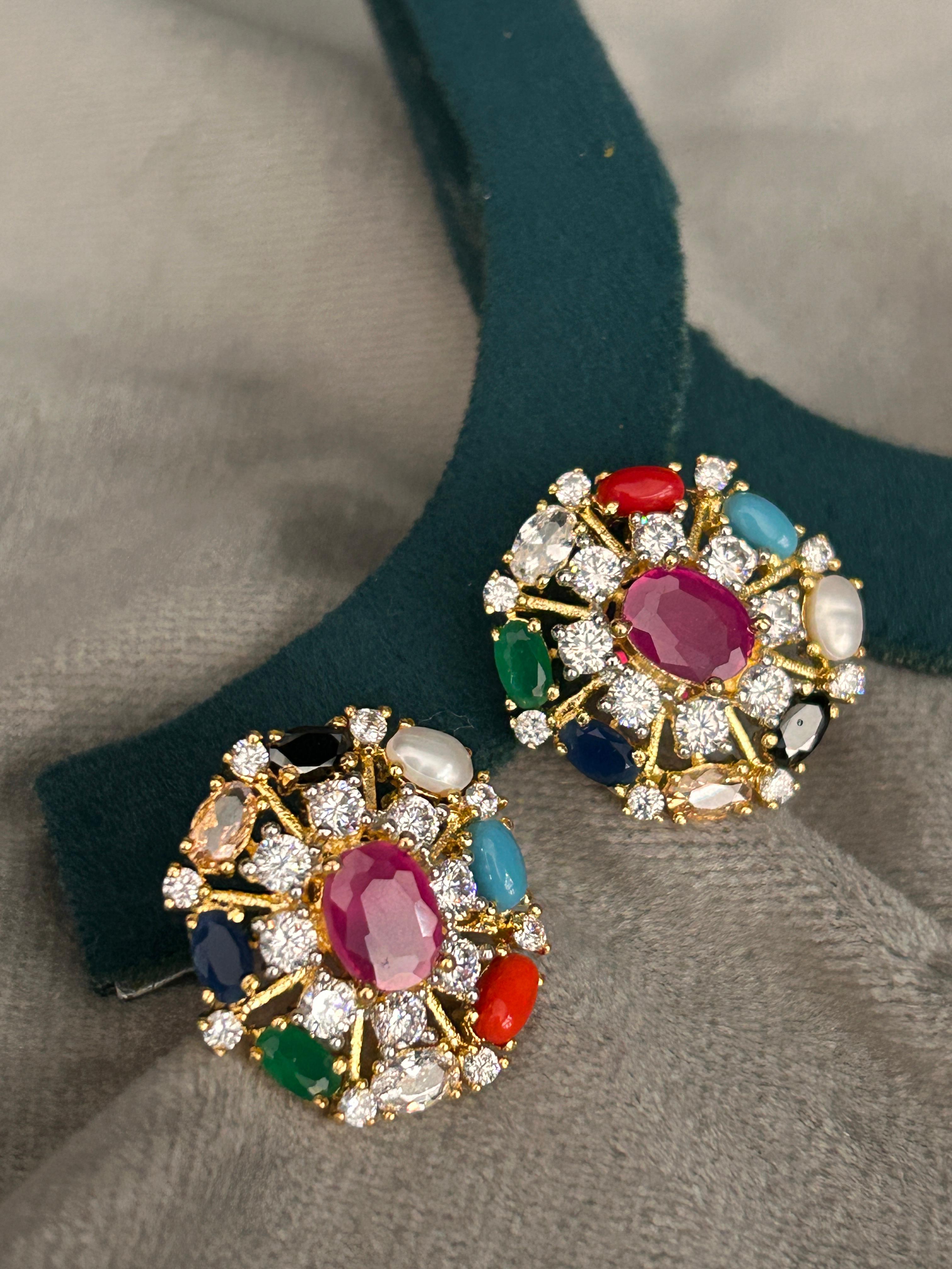 Navratna Pendant Set with Colorful Stones & CZ Diamonds