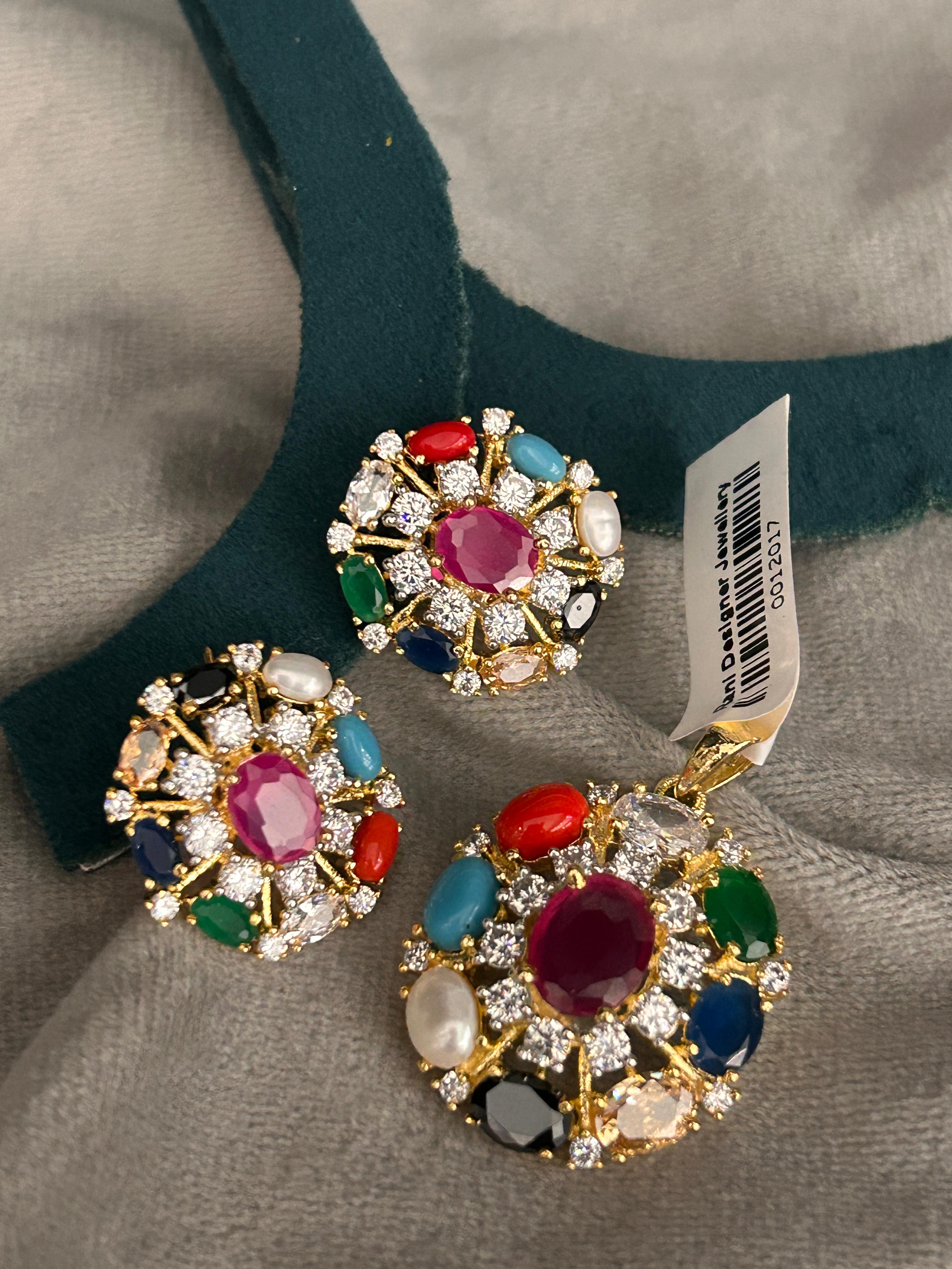 Navratna Pendant Set with Colorful Stones & CZ Diamonds