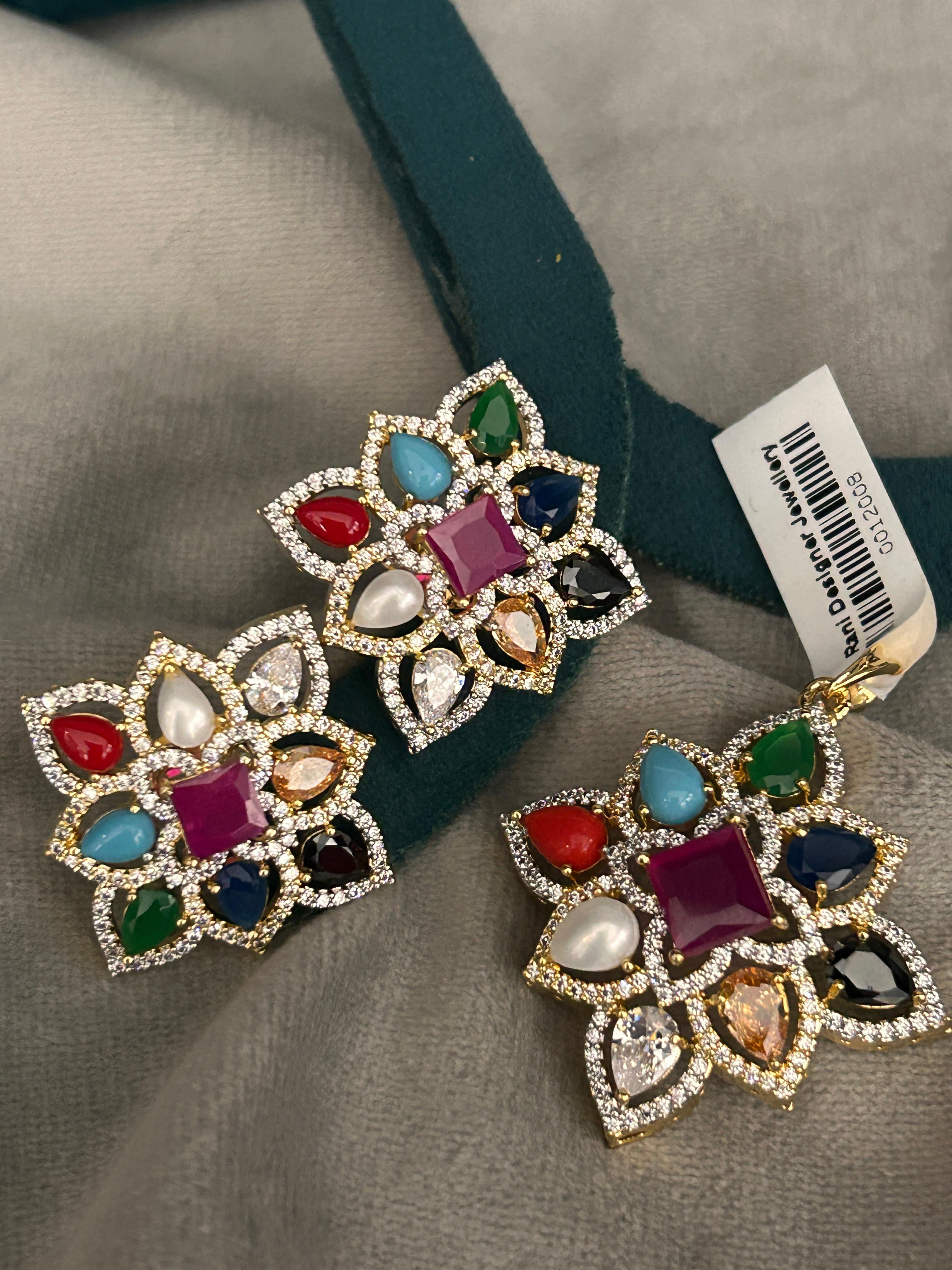 Floral Navratna Glow Pendant Set